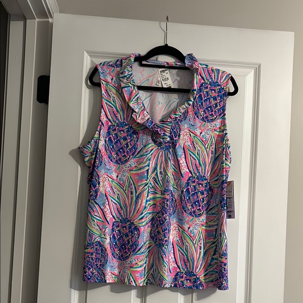 Lulu-B Purple and Pink Ruffled Sleeveless Blouse with Bib Collar